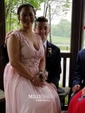 A-line V-neck Chiffon Sweep Train Appliques Lace Prom Dresses