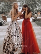 Black A-line V-neck Floor-length Tulle Prom Dresses With Split