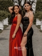 Black A-line V-neck Floor-length Tulle Prom Dresses With Split