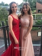 A-line Sweep Train Scoop Neck Chiffon Tulle Beading Prom Dresses
