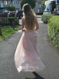 A-line Sweep Train Scoop Neck Chiffon Tulle Beading Prom Dresses