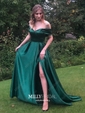 Ball Gown/Princess Sweep Train Off-the-shoulder Satin Split Front Prom Dresses