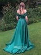 Ball Gown/Princess Sweep Train Off-the-shoulder Satin Split Front Prom Dresses