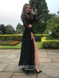 A-line Scoop Neck Lace Chiffon Ankle-length Split Front Prom Dresses