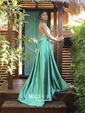 Ball Gown/Princess Sweep Train Halter Satin Beading Prom Dresses