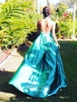 Ball Gown/Princess Sweep Train Halter Satin Beading Prom Dresses