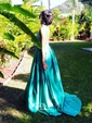 Ball Gown/Princess Sweep Train Halter Satin Beading Prom Dresses