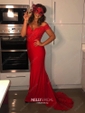 Trumpet/Mermaid Off-the-shoulder Jersey Sweep Train Appliques Lace Prom Dresses