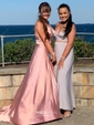 A-line Sweep Train V-neck Silk-like Satin Split Front Prom Dresses