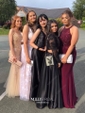 Ball Gown Illusion Lace Satin Long Sleeves Two Piece Prom Dresses