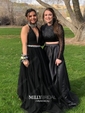 Ball Gown Scoop Neck Satin Tulle Floor-length Beading Prom Dresses