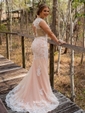 Trumpet/Mermaid Scoop Neck Tulle Sweep Train Beading Prom Dresses