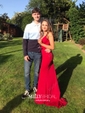 Sheath/Column V-neck Jersey Sweep Train Prom Dresses