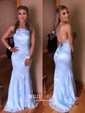 Sheath/Column Scoop Neck Lace Backless Prom Dresses