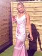 Mermaid V-neck Backless Satin Prom Dresses With Appliques