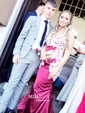 Mermaid V-neck Backless Satin Prom Dresses With Appliques