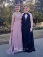 A-line V-neck Chiffon Cut Out Prom Dresses With Appliques