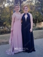 A-line V-neck Chiffon Cut Out Prom Dresses With Appliques