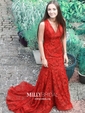 Burgundy Mermaid V-neck Lace Modest Prom Dresses