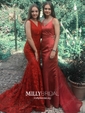 Burgundy Mermaid V-neck Lace Modest Prom Dresses