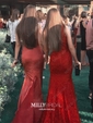 Burgundy Mermaid V-neck Lace Modest Prom Dresses