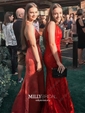 Burgundy Mermaid V-neck Lace Modest Prom Dresses