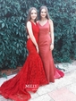 Burgundy Mermaid V-neck Lace Modest Prom Dresses