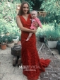 Burgundy Mermaid V-neck Lace Modest Prom Dresses