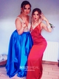 Ball Gown V-neck Backless Satin Prom Dresses With Beading