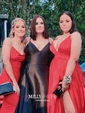 Black Ball Gown V-neck Satin Prom Dresses With Ruched