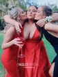 Black Ball Gown V-neck Satin Prom Dresses With Ruched