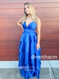 A-line V-neck Satin Floor-length Tiered Prom Dresses