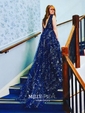 Ball Gown Illusion Tulle Backless Beaded Prom Dresses With Star