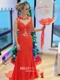 Trumpet/Mermaid Scoop Neck Chiffon Sweep Train Appliques Lace Prom Dresses