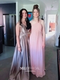 A-line Floor-length V-neck Silk-like Satin Ruffles Prom Dresses