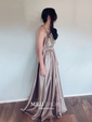 A-line V-neck Satin Cut Out Prom Dresses With Ruched