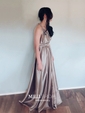 A-line Floor-length V-neck Silk-like Satin Ruffles Prom Dresses