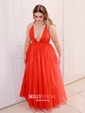 A-line Floor-length V-neck Tulle Split Front Prom Dresses