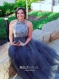 Ball Gown High Neck Tulle Cut Out Prom Dresses With Beading