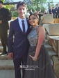Ball Gown High Neck Tulle Cut Out Prom Dresses With Beading