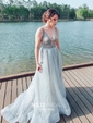 Ball Gown V-neck Sparkly Sequin Prom Dresses With Beading