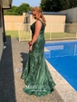 Trumpet/Mermaid V-neck Lace Sweep Train Prom Dresses