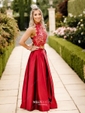 Princess High Neck Lace Satin Floor-length Beading Prom Dresses