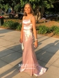 Sheath/Column Sweep Train Scoop Neck Silk-like Satin Spaghetti Straps Ruffles Prom Dresses