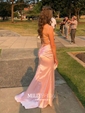 Sheath/Column Scoop Neck Satin Prom Dresses With Ruched