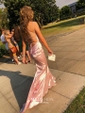 Sheath/Column Sweep Train Scoop Neck Silk-like Satin Spaghetti Straps Ruffles Prom Dresses