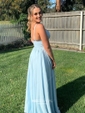 A-line Floor-length V-neck Silk-like Satin Split Front Prom Dresses