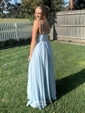 A-line Floor-length V-neck Silk-like Satin Split Front Prom Dresses