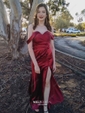 Sheath/Column Off-the-shoulder Silk-like Satin Floor-length Split Front Prom Dresses