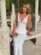Sheath/Column V-neck Jersey Backless Prom Dresses With Ruched